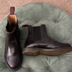 Dark brown with subtle red tint Dr. Marten boots.